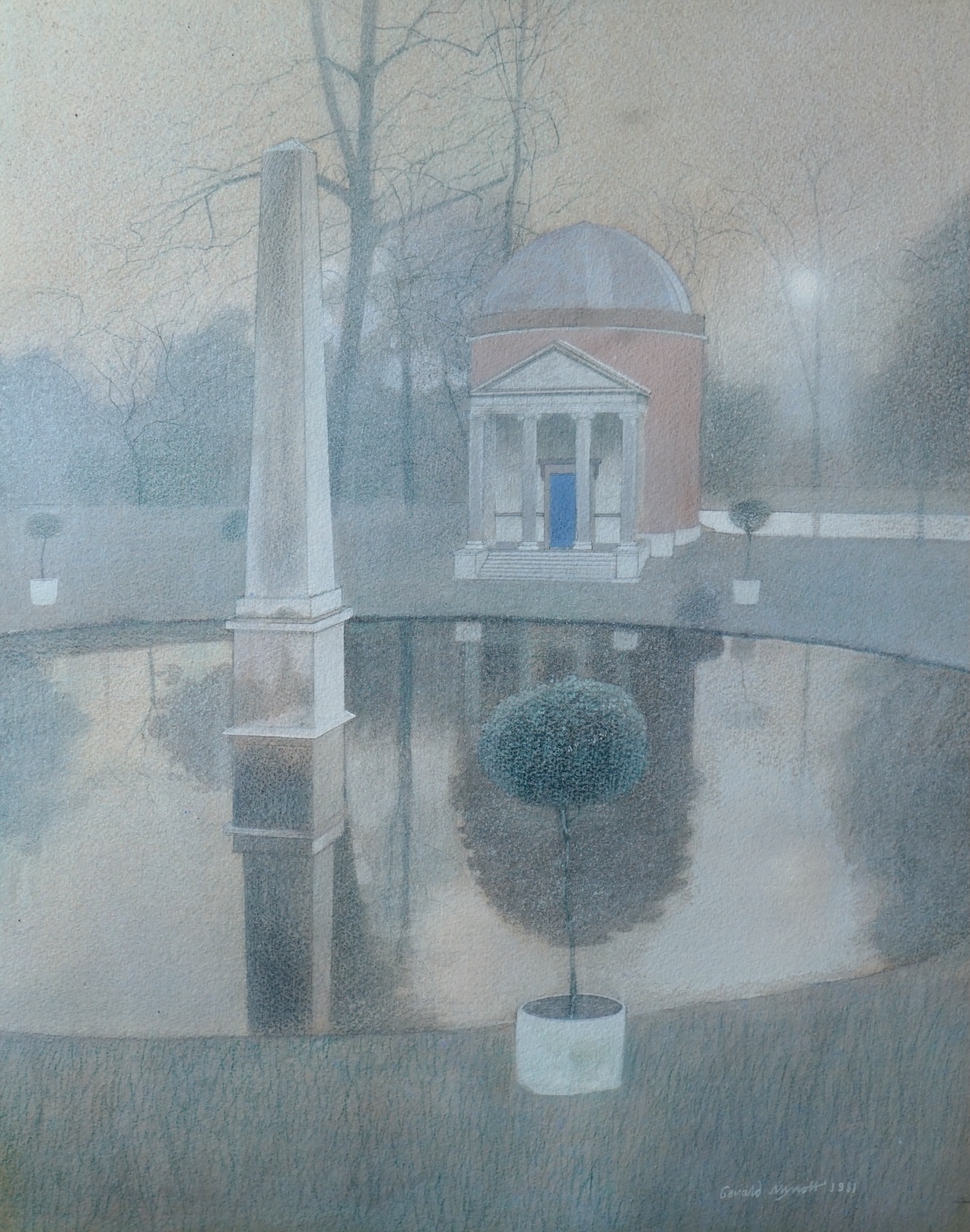 Gerald Mynott (English, b.1957), 'Temple and Obelisk, Chiswick House', watercolour, 42 x 33.5cm